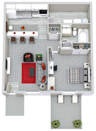 A floor plan of a small apartment with a kitchen, living room, and bathroom.