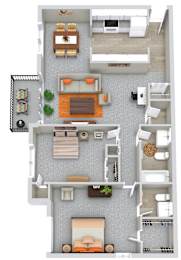A floor plan of a two-bedroom apartment with a living room, kitchen, and bathroom.