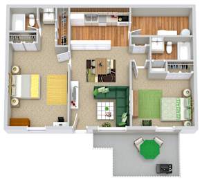 A 3D floor plan of a house with a kitchen, living room, and bedrooms.
