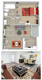A top-down view of a living room and kitchen area.