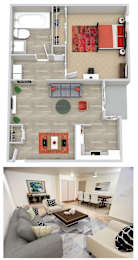 A top-down view of a living room and kitchen area.