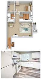 A top down view of a kitchen and a photo of the same kitchen.