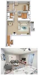 A top-down view of a house layout and a photo of a living room with a couch, coffee table, and television.