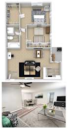 A floor plan and a photo of a living room with a couch, a coffee table, and a television.
