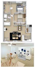A floor plan and a photo of a living room with a glass table and chairs.