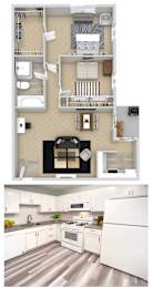 A floor plan and a photo of a kitchen with white cabinets and a wooden floor.