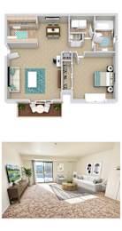 A floor plan and a photo of a living room with a couch, a coffee table, and a painting on the wall.