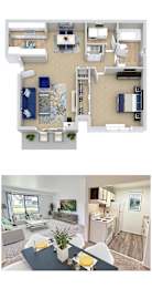 A floor plan and a photo of a living room with a kitchen in the background.