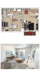 A top-down view of a house layout and a bottom-up view of a living room.