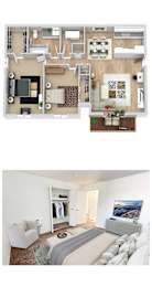 A floor plan and a photo of a bedroom with a bed, a couch, a TV, and a wardrobe.