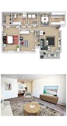 A top-down view of a house layout and a bottom-up view of a living room.