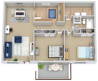 A floor plan of a house with a living room, kitchen, and two bedrooms.
