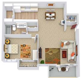 A top-down view of a living room with a couch, coffee table, and a rug.
