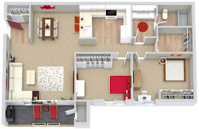 A floor plan of a house with a living room, kitchen, and dining area.