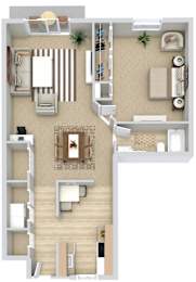 A top-down view of a living room, kitchen, and dining area.