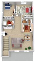 A 3D floor plan of a small apartment with a living room, kitchen, and bedrooms.