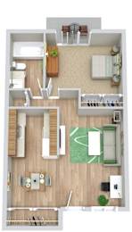 A top-down view of a small apartment with a kitchen, living room, and bathroom.