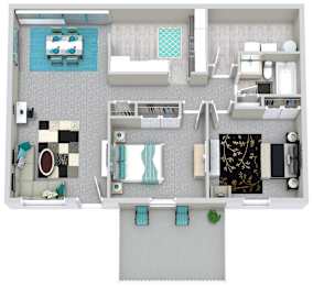 A floor plan of a house with a swimming pool.