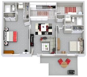 A top-down view of a house layout with a living room, kitchen, and two bedrooms.