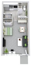 A top-down view of a small apartment with a kitchen, living room, and bathroom.