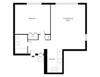 A-1-bedroom and 1-bathroom apartment
