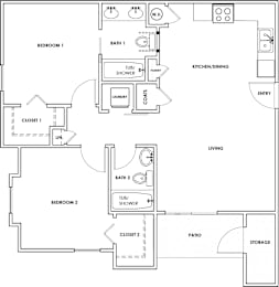 A floor plan of a two bedroom apartment with a living room, kitchen, and bathrooms.