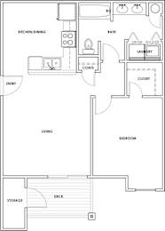 A floor plan of a house with a kitchen, living room, bedroom, and storage.
