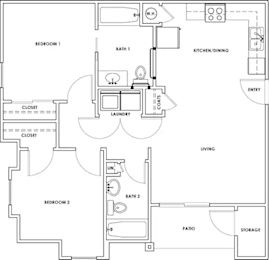 A black and white floor plan of a two bedroom apartment.