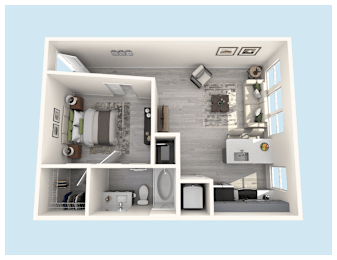 A 3D rendered image of a small apartment layout.