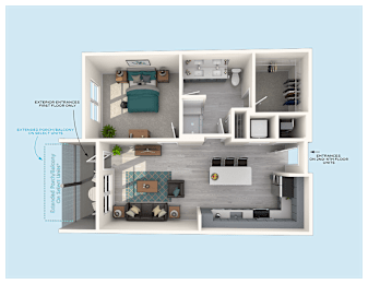 A 3D floor plan of a small apartment with a kitchen, living room, and bedroom.