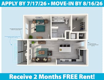 Apartment layout with a free 2 months rent offer.
