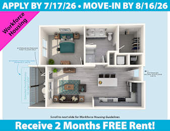 A slide advertising a two-month free rent for workforce housing, with a deadline to apply by July 17 and a move-in date by August 16.