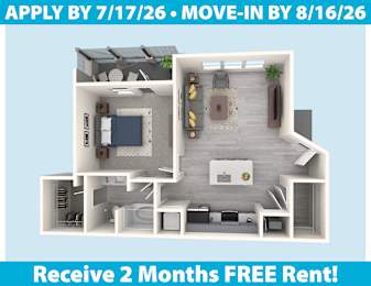 A 3D floor plan of an apartment with a kitchen, living room, and bathroom.