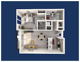 A 3D floor plan of a house showing a kitchen, living room, and bedrooms.