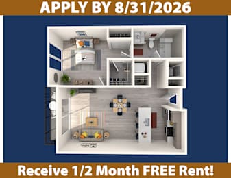 A poster advertising a free rent offer for a 1/2 month stay, with a deadline of 8/31/2026, and a detailed 3D floor plan of the apartment.