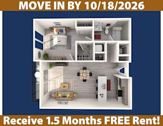 A promotional image for a move-in by October 18, 2026, offering a free 1.5 months rent.