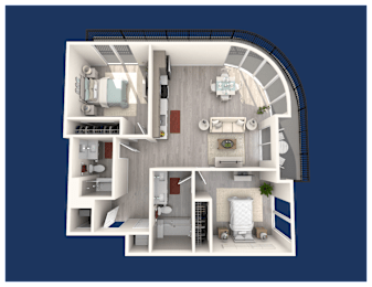 A top-down view of a house layout with a living room, kitchen, and bathroom.