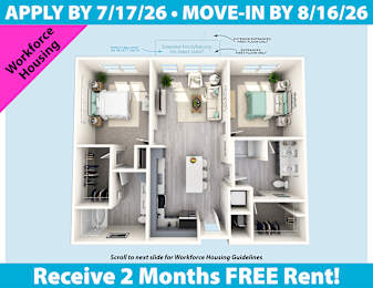 A flyer advertising Workforce Housing with an image of a small apartment and a promotion for 2 months free rent.