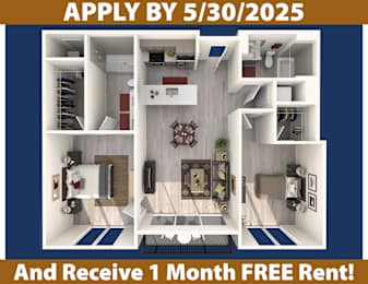 A poster advertising an apartment with a deadline of May 30, 2025 and a free one month rent offer.