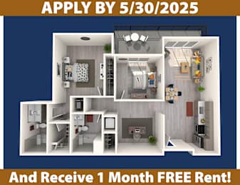 A promotional image for an apartment offering a free one-month rent if applied by a specific date.