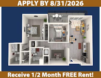 Apartment interior with a call to apply by a specific date and a promotion for a free rental period.