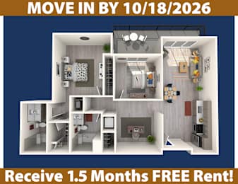 A promotional image for a move-in by October 18, 2026, offering a free 1.5 months rent.