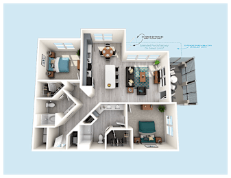 A 3D floor plan of a house with labeled rooms.