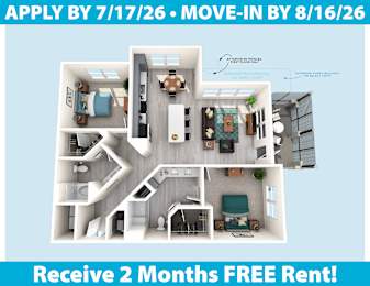 Apartment layout with a 2 months free rent offer.
