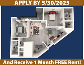Apartment layout with a deadline to apply by May 30, 2025, and a promotion for a free one-month rent.