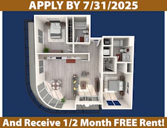 Apartment layout with a promotion for a free rental offer.