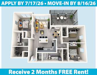 Apartment layout with a 2 months free rent offer.