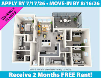 A slide advertising a 2 months free rent for workforce housing, with an image of a floor plan and a deadline to apply.