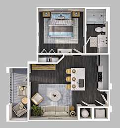 A modern, minimalist interior design layout with a focus on a central living area.