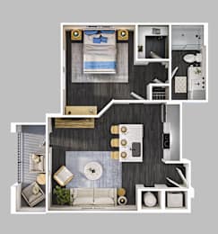 A floor plan of a modern apartment with a living room, kitchen, and bedroom.
